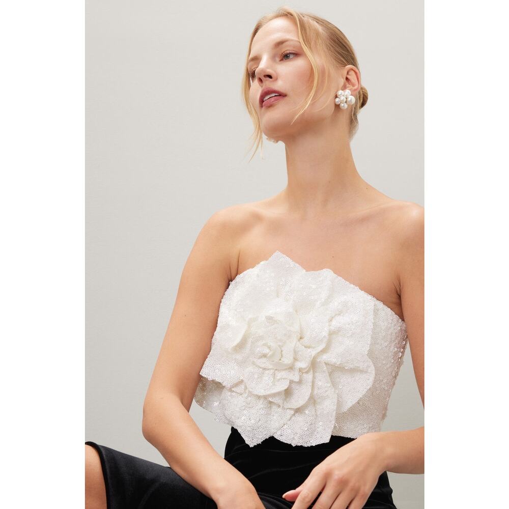 Badgley Mischka White Rose Black Velvet Two-Tone Strapless Cocktail Dress 0 - Picture 4 of 13